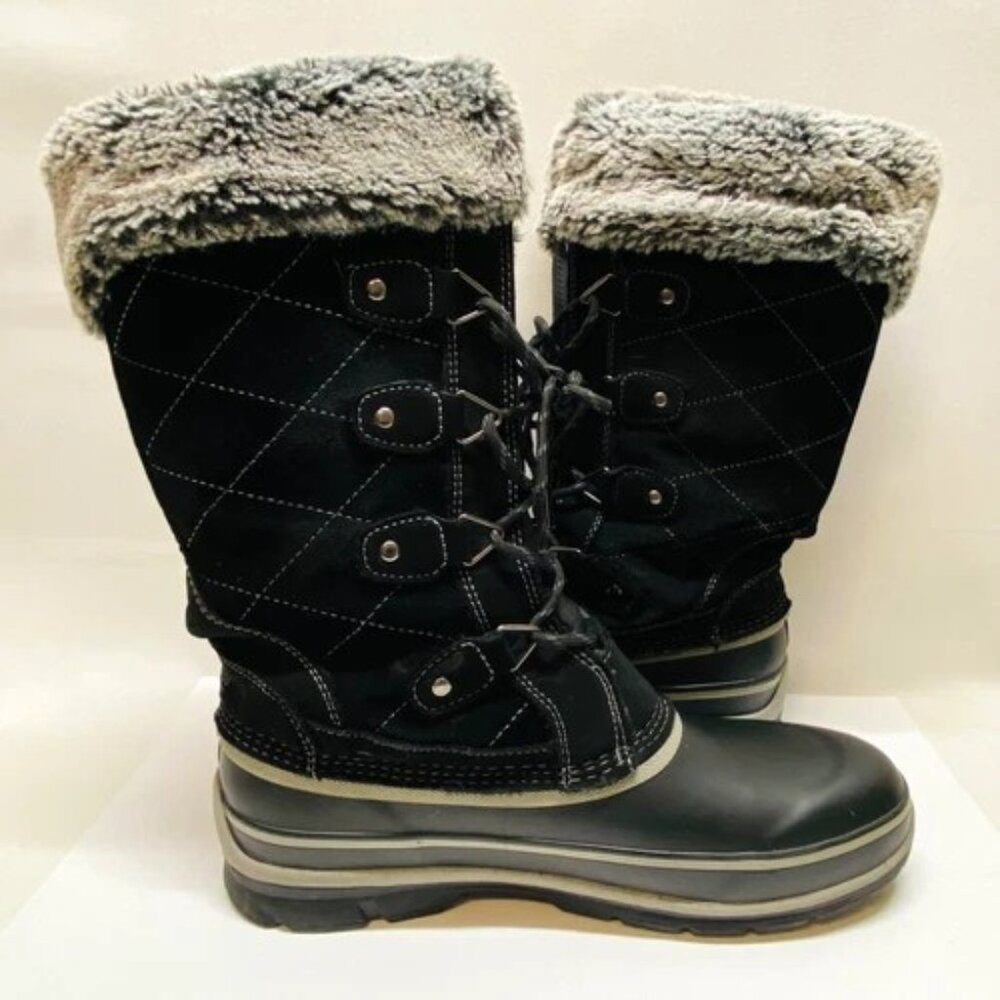 Khombu Boots Women's 9M Ellie Mid Calf Winter Black Leather Faux Fur Water Proof